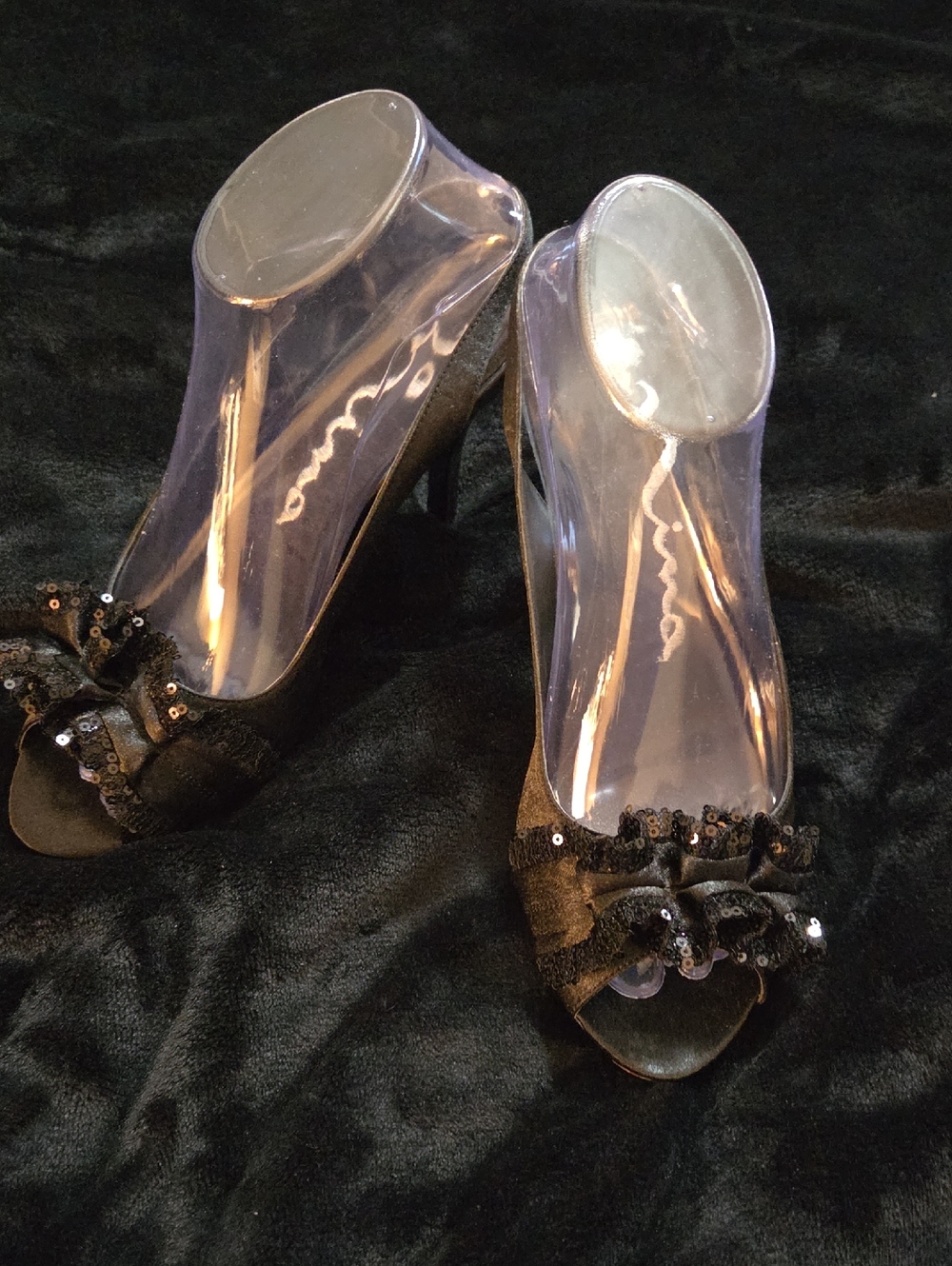 Women's Black Sequin Bow Peep-Toe Heels